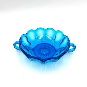 Vintage Indiana Double Handle Glass Round Blue
Thumbprint Candy Dish.